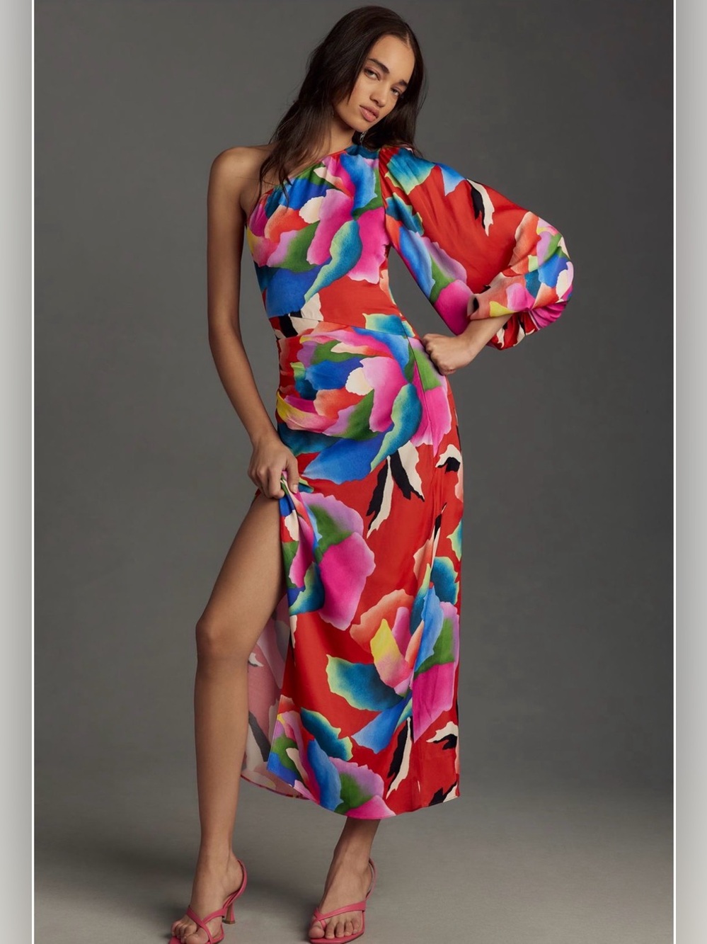 Farm Rio One-Shoulder Slim Floral Midi Dress Small